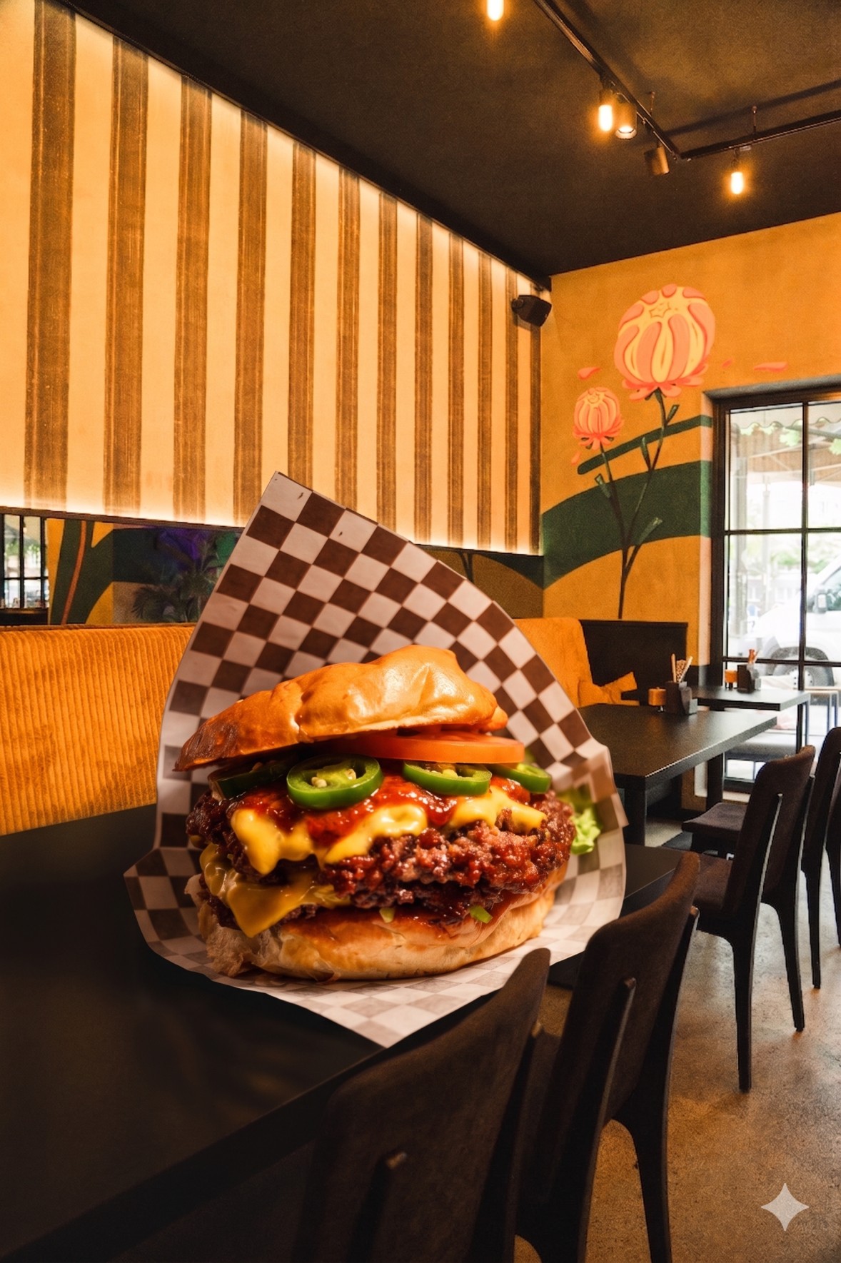 Spicy Burger Hamburg mit Jalapeños und würziger Sauce auf saftigem Patty