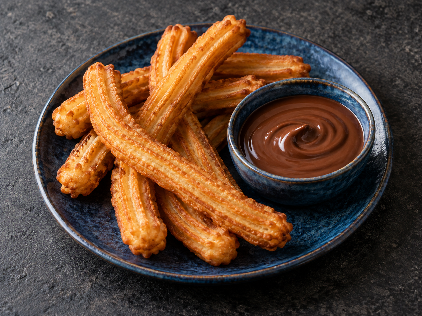 Illustration: Goldbraune Churros auf einem blauen Teller mit einem separaten Schälchen dunklem Dip.